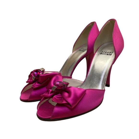 Stuart Weitzman Women’s Pink Satin Open Toe Bow Embellished DOrsay Heel Sz 8.5 - Picture 1 of 10